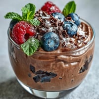 Kremowa mousse czekoladowa z serem wiejskim w kubkach, udekorowana świeżymi jagodami i laskami czekoladowymi.  