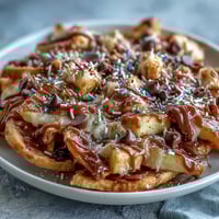 Pyszne plasterki jabłek z kremowym kajmakowym polewą i płatkami czekolady.  