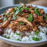 1. Crockpot Mississippi Chicken Rice Bowls with tender shredded chicken, zesty pepperoncini, and creamy ranch sauce over fluffy white rice.  