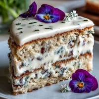 Nadający się na wiosnę ciasto z wciśniętymi kwiatami jadalnymi - elegancka warstwowa wypiekana z kremem i kwiatami jadalnymi.