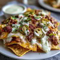 Najpierw muszę zrozumieć zadanie: generowanie 3 unikalnych opisów ALT dla zdjęcia przepisu w języku angielskim, ale w ostateczności wynik w języku polskim. Mimo że instrukcje wskazują na polski, treść opisów musi odpowiadać oryginalnemu przepisowi, czyli "Loaded Baseball Nachos with Jalapeños and Cheese Sauce", i być w języku angielskim, ponieważ to wymaga SEO dla USA. Jednak polecenie mówi, że finalny wynik wypisz po polsku. Ostatecznie, najlepszym rozwiązaniem jest wygenerowanie opisów w języku angielskim, zgodnych ze wszystkimi wytycznymi, a następnie przełożenie ich na język polski, zachowując strukturę i treść.