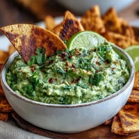 Zielona guacamole z edamame złozone na złotych płatkach pita - świeży, kremowy dip pełen białka i ziół.  