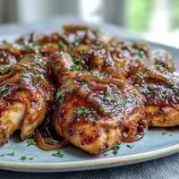 Doprawiony kurczak w złotej skórze, zanurzony w gęstej, aromatycznej cebulowej sosu, klasyczna kuchnia południa.