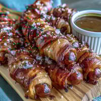 Złote mini kiełbaski w chrupiącej ciasteczce, podane z kwaśnym sosem musztardowym.  