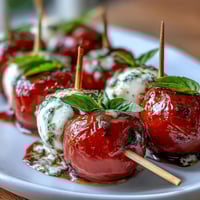 Świeże, kolorowe kłącza Caprese z pesto z natką pietruszki, mozzarella i pomidorkami koktajlowymi, idealne na letnie przyjęcia.