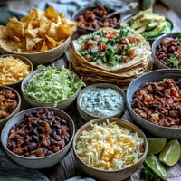 Ustaw taco bar z różnymi proteinami, warzywami i dodatkami na stole do przygotowania własnych taco.