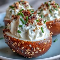 Kremowe jaja na zakręconego z wszystkim sezamem na białce z dodatkiem sezonera wszystkiego-sezamu.  