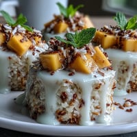 Kremowe kubeczki z ryżu kleistego z mango, zwieńczone słodkim mleczkiem kokosowym.