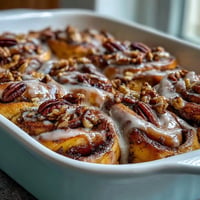 Łakoci Peach Cobbler Cinnamon Roll Casserole, z rozpływającymi się kawałkami brzoskwiń i syropem.