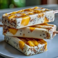 Owocowe Mango Coconut Chia Ice Pops w zbliżeniu, prezentujące warstwy mango i mleka kokosowego.